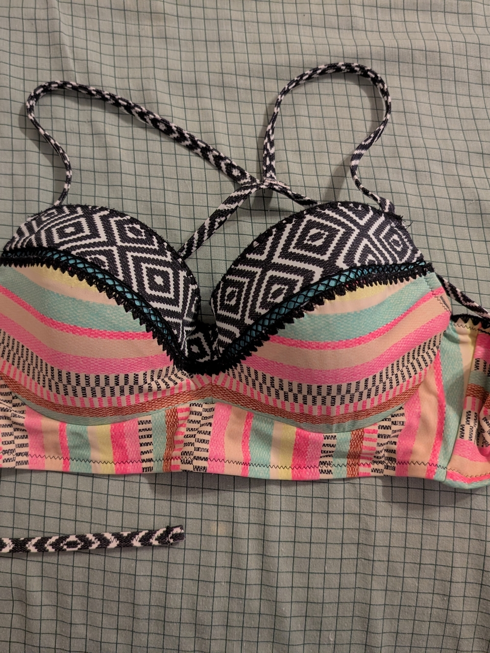 Women’s Patterned Longline Bikini Top - Pink, Mint & Black